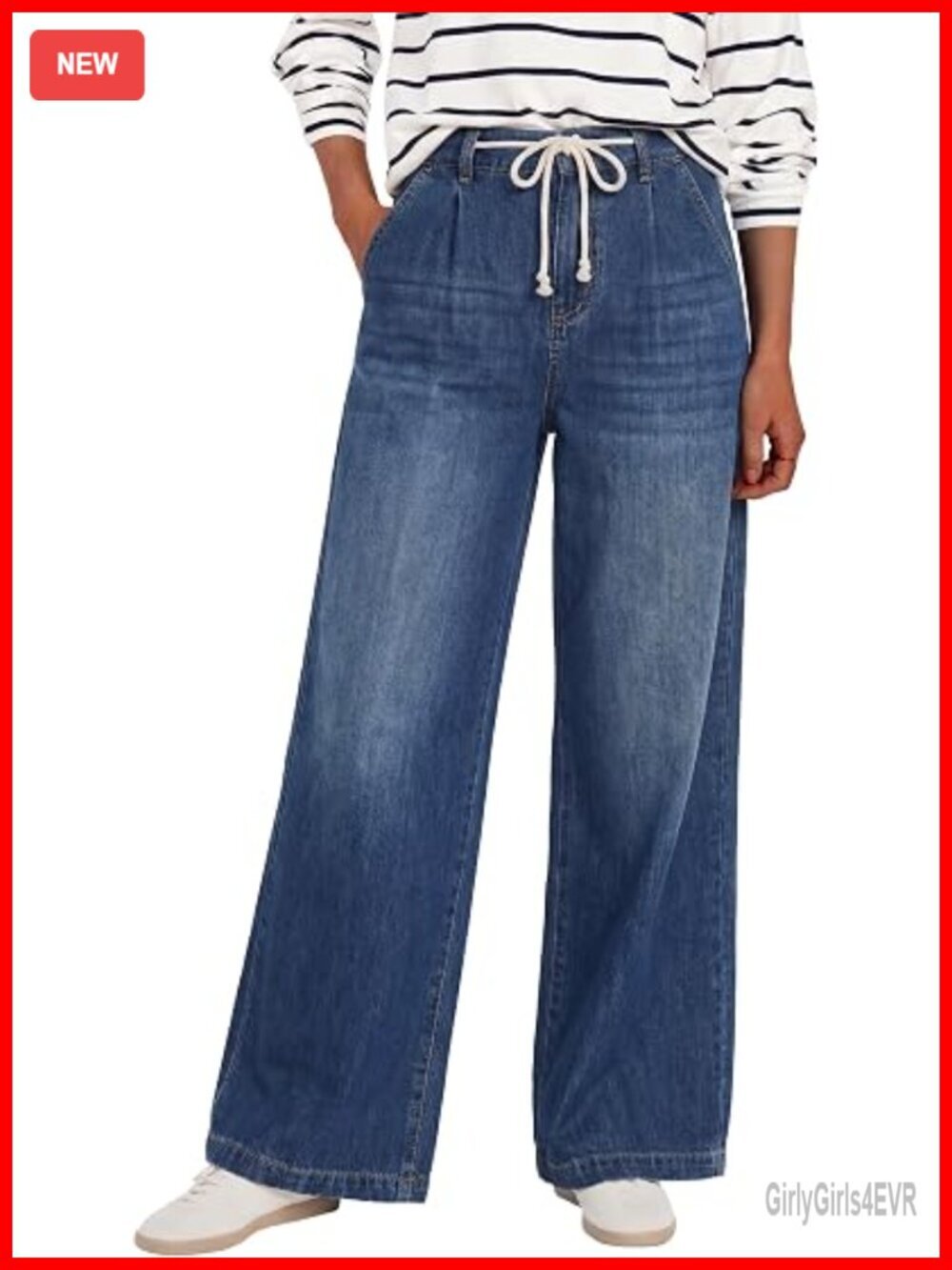 High Waisted Wide Leg Drawstring Denim Pants with Pockets